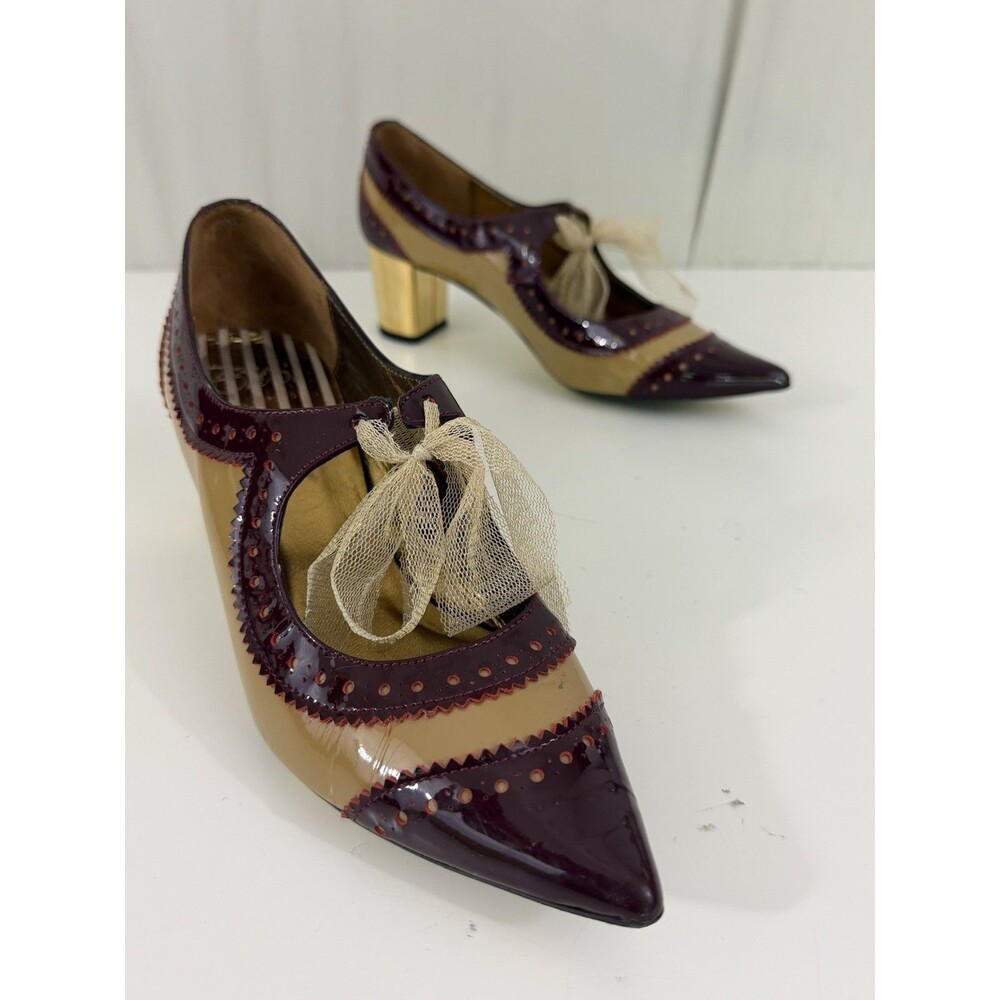 VTG Style Mary Jane Metallic Pumps Burgundy Tan Patent Leather Tulle Bow Sz 37.5